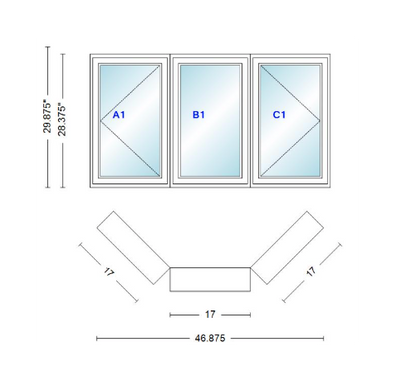 Andersen 400 Series Casement Bay Window Left-Stationary-Right 46 7/8" Wide Casement With Casement Flankers 45 Degree Angle Of Deflection Vinyl Exterior Wood Interior Low-E4 Dual Pane Argon Gas