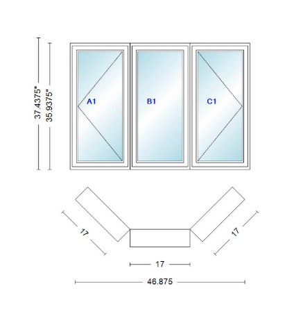 Andersen 400 Series Casement Bay Window Left-Stationary-Right 46 7/8" Wide Casement With Casement Flankers 45 Degree Angle Of Deflection Vinyl Exterior Wood Interior Low-E4 Dual Pane Argon Gas