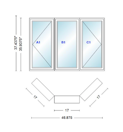 Andersen 400 Series Casement Bay Window Left-Stationary-Right 46 7/8" Wide Casement With Casement Flankers 45 Degree Angle Of Deflection Vinyl Exterior Wood Interior Low-E4 Dual Pane Argon Gas