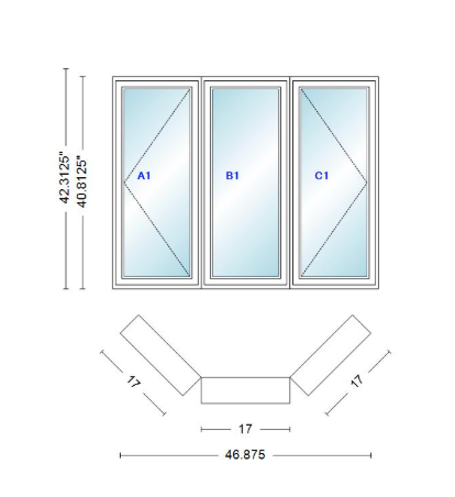 Andersen 400 Series Casement Bay Window Left-Stationary-Right 46 7/8" Wide Casement With Casement Flankers 45 Degree Angle Of Deflection Vinyl Exterior Wood Interior Low-E4 Dual Pane Argon Gas