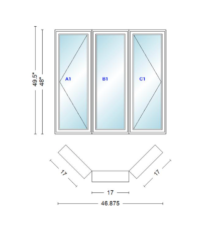 Andersen 400 Series Casement Bay Window Left-Stationary-Right 46 7/8" Wide Casement With Casement Flankers 45 Degree Angle Of Deflection Vinyl Exterior Wood Interior Low-E4 Dual Pane Argon Gas