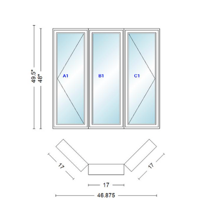 Andersen 400 Series Casement Bay Window Left-Stationary-Right 46 7/8" Wide Casement With Casement Flankers 45 Degree Angle Of Deflection Vinyl Exterior Wood Interior Low-E4 Dual Pane Argon Gas