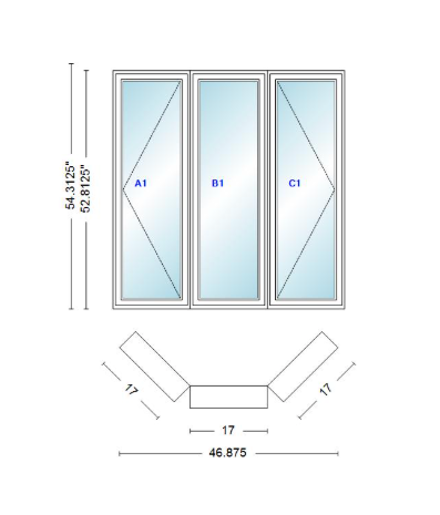 Andersen 400 Series Casement Bay Window Left-Stationary-Right 46 7/8" Wide Casement With Casement Flankers 45 Degree Angle Of Deflection Vinyl Exterior Wood Interior Low-E4 Dual Pane Argon Gas