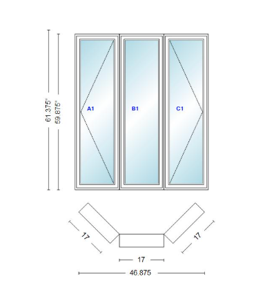Andersen 400 Series Casement Bay Window Left-Stationary-Right 46 7/8" Wide Casement With Casement Flankers 45 Degree Angle Of Deflection Vinyl Exterior Wood Interior Low-E4 Dual Pane Argon Gas