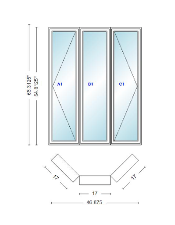 Andersen 400 Series Casement Bay Window Left-Stationary-Right 46 7/8" Wide Casement With Casement Flankers 45 Degree Angle Of Deflection Vinyl Exterior Wood Interior Low-E4 Dual Pane Argon Gas