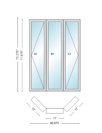 Andersen 400 Series Casement Bay Window Left-Stationary-Right 46 7/8" Wide Casement With Casement Flankers 45 Degree Angle Of Deflection Vinyl Exterior Wood Interior Low-E4 Dual Pane Argon Gas