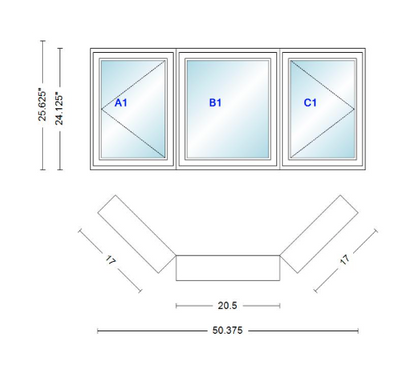 Andersen 400 Series Casement Bay Window Left-Stationary-Right 50 3/8" Wide Casement With Casement Flankers 45 Degree Angle Of Deflection Vinyl Exterior Wood Interior Low-E4 Dual Pane Argon Gas