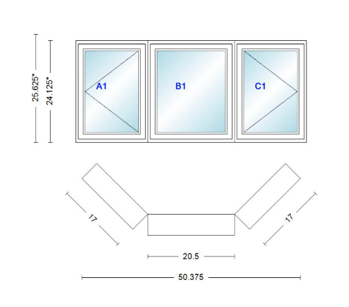 Andersen 400 Series Casement Bay Window Left-Stationary-Right 50 3/8" Wide Casement With Casement Flankers 45 Degree Angle Of Deflection Vinyl Exterior Wood Interior Low-E4 Dual Pane Argon Gas