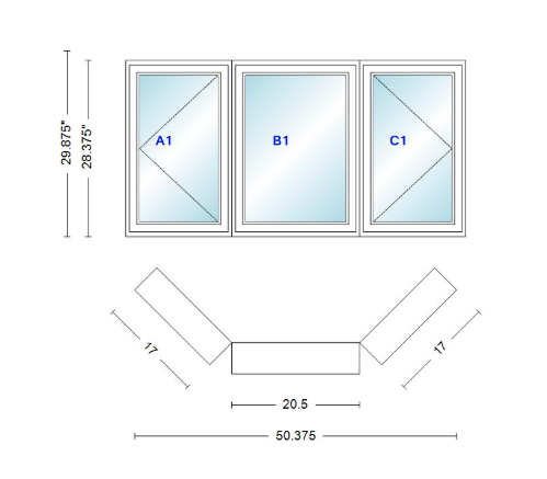 Andersen 400 Series Casement Bay Window Left-Stationary-Right 50 3/8" Wide Casement With Casement Flankers 45 Degree Angle Of Deflection Vinyl Exterior Wood Interior Low-E4 Dual Pane Argon Gas