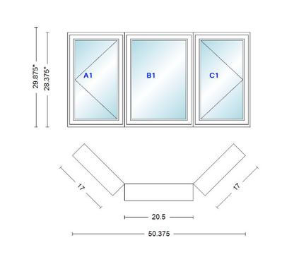 Andersen 400 Series Casement Bay Window Left-Stationary-Right 50 3/8" Wide Casement With Casement Flankers 45 Degree Angle Of Deflection Vinyl Exterior Wood Interior Low-E4 Dual Pane Argon Gas