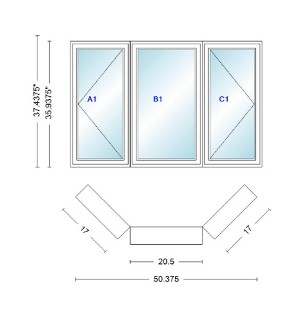 Andersen 400 Series Casement Bay Window Left-Stationary-Right 50 3/8" Wide Casement With Casement Flankers 45 Degree Angle Of Deflection Vinyl Exterior Wood Interior Low-E4 Dual Pane Argon Gas