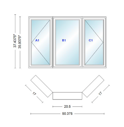 Andersen 400 Series Casement Bay Window Left-Stationary-Right 50 3/8" Wide Casement With Casement Flankers 45 Degree Angle Of Deflection Vinyl Exterior Wood Interior Low-E4 Dual Pane Argon Gas