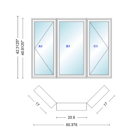 Andersen 400 Series Casement Bay Window Left-Stationary-Right 50 3/8" Wide Casement With Casement Flankers 45 Degree Angle Of Deflection Vinyl Exterior Wood Interior Low-E4 Dual Pane Argon Gas
