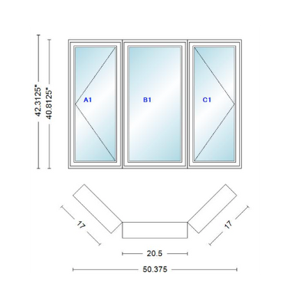 Andersen 400 Series Casement Bay Window Left-Stationary-Right 50 3/8" Wide Casement With Casement Flankers 45 Degree Angle Of Deflection Vinyl Exterior Wood Interior Low-E4 Dual Pane Argon Gas