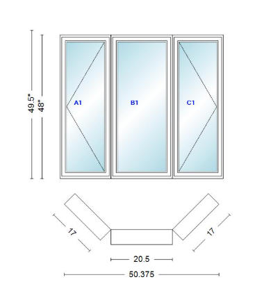 Andersen 400 Series Casement Bay Window Left-Stationary-Right 50 3/8" Wide Casement With Casement Flankers 45 Degree Angle Of Deflection Vinyl Exterior Wood Interior Low-E4 Dual Pane Argon Gas