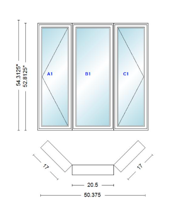 Andersen 400 Series Casement Bay Window Left-Stationary-Right 50 3/8" Wide Casement With Casement Flankers 45 Degree Angle Of Deflection Vinyl Exterior Wood Interior Low-E4 Dual Pane Argon Gas