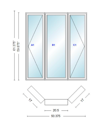 Andersen 400 Series Casement Bay Window Left-Stationary-Right 50 3/8" Wide Casement With Casement Flankers 45 Degree Angle Of Deflection Vinyl Exterior Wood Interior Low-E4 Dual Pane Argon Gas