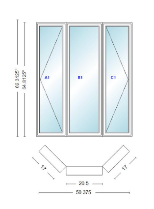 Andersen 400 Series Casement Bay Window Left-Stationary-Right 50 3/8" Wide Casement With Casement Flankers 45 Degree Angle Of Deflection Vinyl Exterior Wood Interior Low-E4 Dual Pane Argon Gas