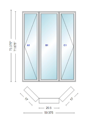 Andersen 400 Series Casement Bay Window Left-Stationary-Right 50 3/8" Wide Casement With Casement Flankers 45 Degree Angle Of Deflection Vinyl Exterior Wood Interior Low-E4 Dual Pane Argon Gas