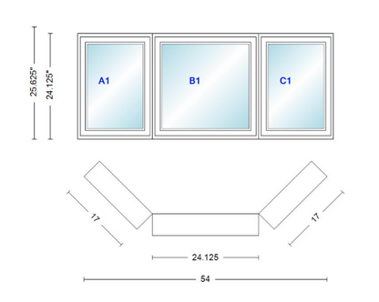 Andersen 400 Series Casement Bay Window Left-Stationary-Right 54" Wide Casement With Casement Flankers 45 Degree Angle Of Deflection Vinyl Exterior Wood Interior Low-E4 Dual Pane Argon Gas