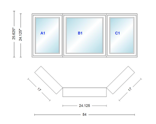 Andersen 400 Series Casement Bay Window Left-Stationary-Right 54" Wide Casement With Casement Flankers 45 Degree Angle Of Deflection Vinyl Exterior Wood Interior Low-E4 Dual Pane Argon Gas