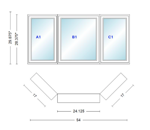 Andersen 400 Series Casement Bay Window Left-Stationary-Right 54" Wide Casement With Casement Flankers 45 Degree Angle Of Deflection Vinyl Exterior Wood Interior Low-E4 Dual Pane Argon Gas