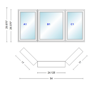 Andersen 400 Series Casement Bay Window Left-Stationary-Right 54" Wide Casement With Casement Flankers 45 Degree Angle Of Deflection Vinyl Exterior Wood Interior Low-E4 Dual Pane Argon Gas