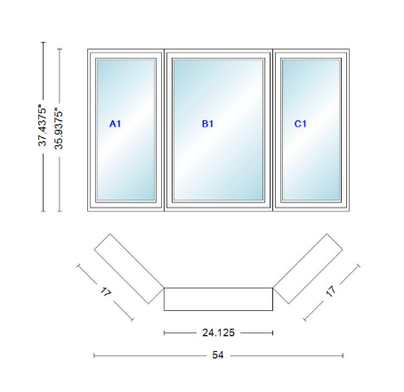 Andersen 400 Series Casement Bay Window Left-Stationary-Right 54" Wide Casement With Casement Flankers 45 Degree Angle Of Deflection Vinyl Exterior Wood Interior Low-E4 Dual Pane Argon Gas