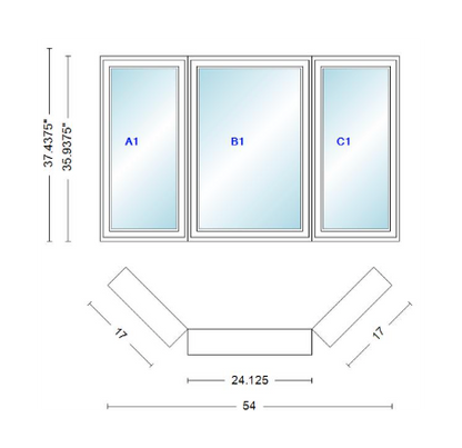 Andersen 400 Series Casement Bay Window Left-Stationary-Right 54" Wide Casement With Casement Flankers 45 Degree Angle Of Deflection Vinyl Exterior Wood Interior Low-E4 Dual Pane Argon Gas