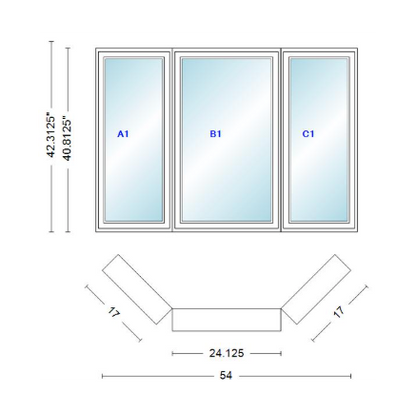 Andersen 400 Series Casement Bay Window Left-Stationary-Right 54" Wide Casement With Casement Flankers 45 Degree Angle Of Deflection Vinyl Exterior Wood Interior Low-E4 Dual Pane Argon Gas