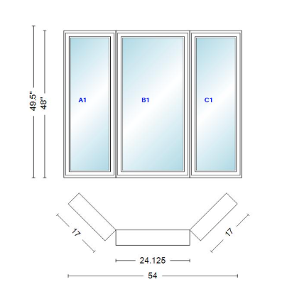 Andersen 400 Series Casement Bay Window Left-Stationary-Right 54" Wide Casement With Casement Flankers 45 Degree Angle Of Deflection Vinyl Exterior Wood Interior Low-E4 Dual Pane Argon Gas