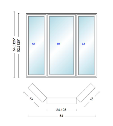 Andersen 400 Series Casement Bay Window Left-Stationary-Right 54" Wide Casement With Casement Flankers 45 Degree Angle Of Deflection Vinyl Exterior Wood Interior Low-E4 Dual Pane Argon Gas