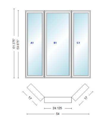 Andersen 400 Series Casement Bay Window Left-Stationary-Right 54" Wide Casement With Casement Flankers 45 Degree Angle Of Deflection Vinyl Exterior Wood Interior Low-E4 Dual Pane Argon Gas