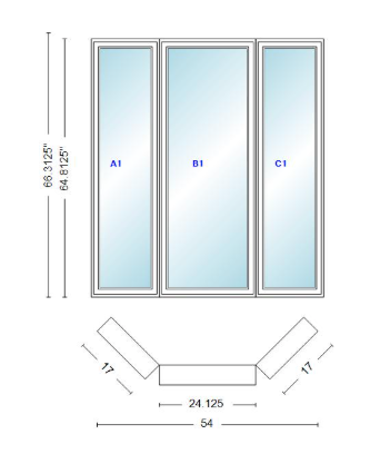 Andersen 400 Series Casement Bay Window Left-Stationary-Right 54" Wide Casement With Casement Flankers 45 Degree Angle Of Deflection Vinyl Exterior Wood Interior Low-E4 Dual Pane Argon Gas