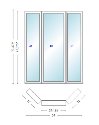 Andersen 400 Series Casement Bay Window Left-Stationary-Right 54" Wide Casement With Casement Flankers 45 Degree Angle Of Deflection Vinyl Exterior Wood Interior Low-E4 Dual Pane Argon Gas