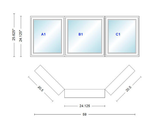 Andersen 400 Series Casement Bay Window Left-Stationary-Right 59" Wide Casement With Casement Flankers 45 Degree Angle Of Deflection Vinyl Exterior Wood Interior Low-E4 Dual Pane Argon Gas