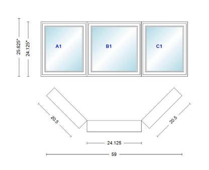 Andersen 400 Series Casement Bay Window Left-Stationary-Right 59" Wide Casement With Casement Flankers 45 Degree Angle Of Deflection Vinyl Exterior Wood Interior Low-E4 Dual Pane Argon Gas