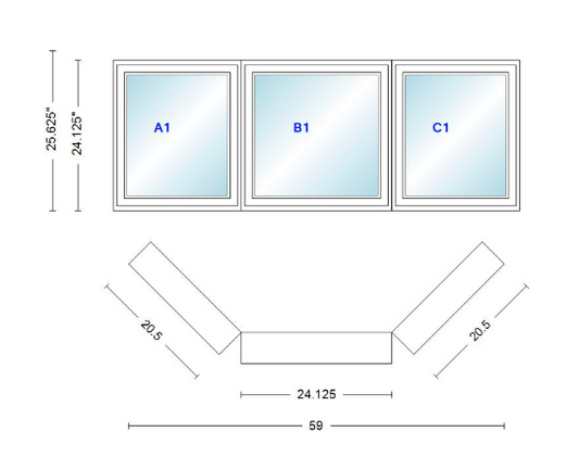 Andersen 400 Series Casement Bay Window Left-Stationary-Right 59" Wide Casement With Casement Flankers 45 Degree Angle Of Deflection Vinyl Exterior Wood Interior Low-E4 Dual Pane Argon Gas