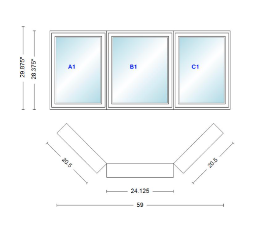 Andersen 400 Series Casement Bay Window Left-Stationary-Right 59" Wide Casement With Casement Flankers 45 Degree Angle Of Deflection Vinyl Exterior Wood Interior Low-E4 Dual Pane Argon Gas