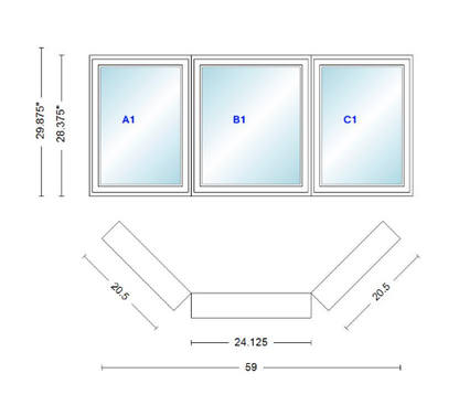 Andersen 400 Series Casement Bay Window Left-Stationary-Right 59" Wide Casement With Casement Flankers 45 Degree Angle Of Deflection Vinyl Exterior Wood Interior Low-E4 Dual Pane Argon Gas
