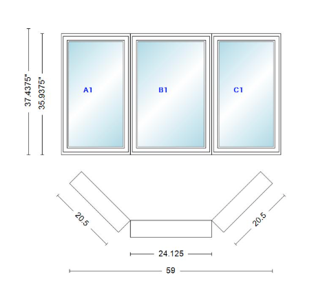 Andersen 400 Series Casement Bay Window Left-Stationary-Right 59" Wide Casement With Casement Flankers 45 Degree Angle Of Deflection Vinyl Exterior Wood Interior Low-E4 Dual Pane Argon Gas