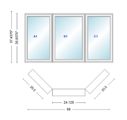 Andersen 400 Series Casement Bay Window Left-Stationary-Right 59" Wide Casement With Casement Flankers 45 Degree Angle Of Deflection Vinyl Exterior Wood Interior Low-E4 Dual Pane Argon Gas