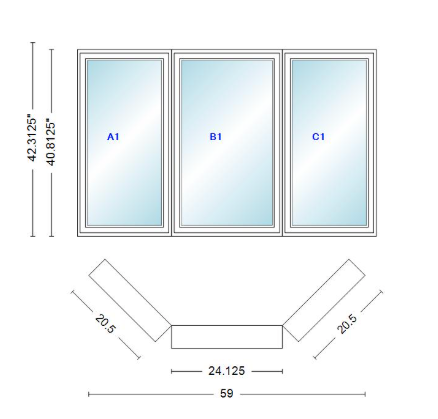 Andersen 400 Series Casement Bay Window Left-Stationary-Right 59" Wide Casement With Casement Flankers 45 Degree Angle Of Deflection Vinyl Exterior Wood Interior Low-E4 Dual Pane Argon Gas