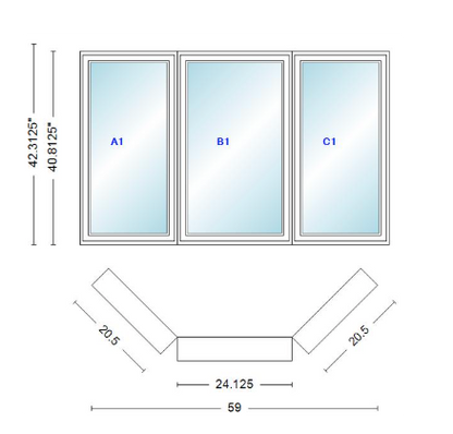 Andersen 400 Series Casement Bay Window Left-Stationary-Right 59" Wide Casement With Casement Flankers 45 Degree Angle Of Deflection Vinyl Exterior Wood Interior Low-E4 Dual Pane Argon Gas