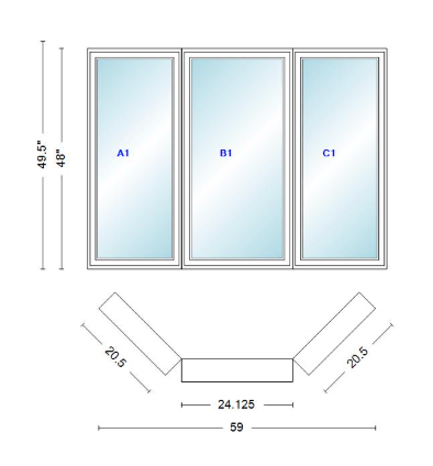Andersen 400 Series Casement Bay Window Left-Stationary-Right 59" Wide Casement With Casement Flankers 45 Degree Angle Of Deflection Vinyl Exterior Wood Interior Low-E4 Dual Pane Argon Gas