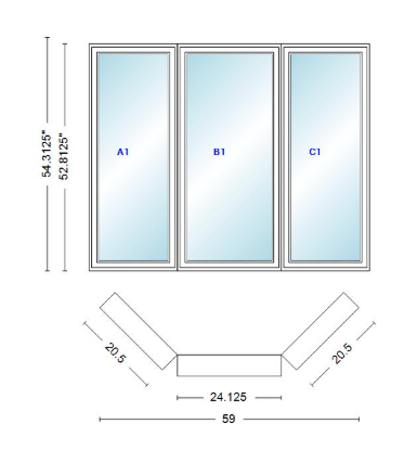 Andersen 400 Series Casement Bay Window Left-Stationary-Right 59" Wide Casement With Casement Flankers 45 Degree Angle Of Deflection Vinyl Exterior Wood Interior Low-E4 Dual Pane Argon Gas