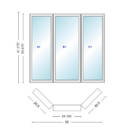 Andersen 400 Series Casement Bay Window Left-Stationary-Right 59" Wide Casement With Casement Flankers 45 Degree Angle Of Deflection Vinyl Exterior Wood Interior Low-E4 Dual Pane Argon Gas
