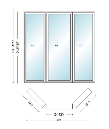 Andersen 400 Series Casement Bay Window Left-Stationary-Right 59" Wide Casement With Casement Flankers 45 Degree Angle Of Deflection Vinyl Exterior Wood Interior Low-E4 Dual Pane Argon Gas