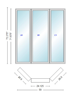 Andersen 400 Series Casement Bay Window Left-Stationary-Right 59" Wide Casement With Casement Flankers 45 Degree Angle Of Deflection Vinyl Exterior Wood Interior Low-E4 Dual Pane Argon Gas
