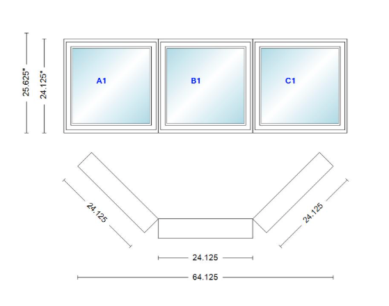 Andersen 400 Series Casement Bay Window Left-Stationary-Right 64 1/8" Wide Casement With Casement Flankers 45 Degree Angle Of Deflection Vinyl Exterior Wood Interior Low-E4 Dual Pane Argon Gas